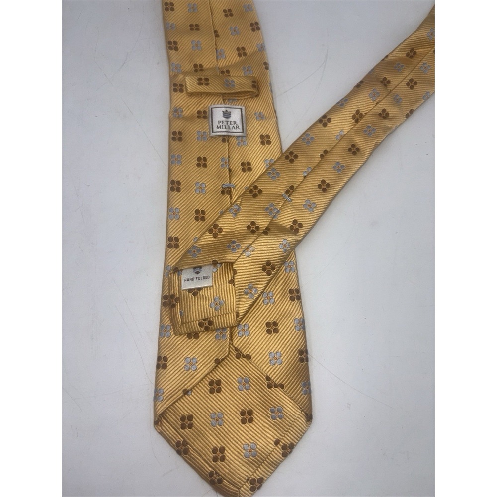 Peter Millar Mens Silk Neck Tie Yellow Geometric Hand Folded Luxury Designer